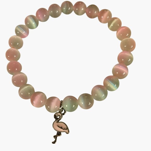 Pink Flamingo Charm Stretch Bracelet Flamazing Inspiration Opalescent Glass Bead - Picture 2 of 7